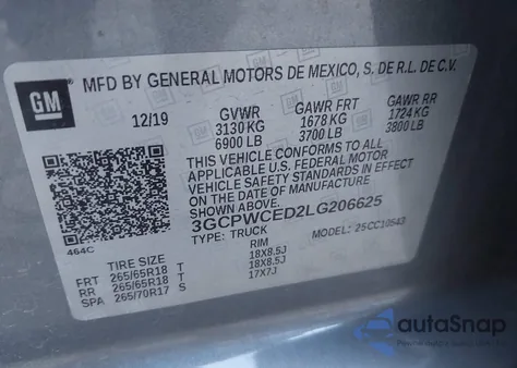 2020 Chevrolet Silverado 1500 2Wd Short Bed Lt из США, поврежденный, VIN 3GCPWCED2LG206625